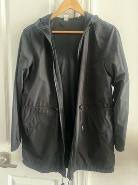 Old Navy Black Hooded Raincoat with Waist Drawcord